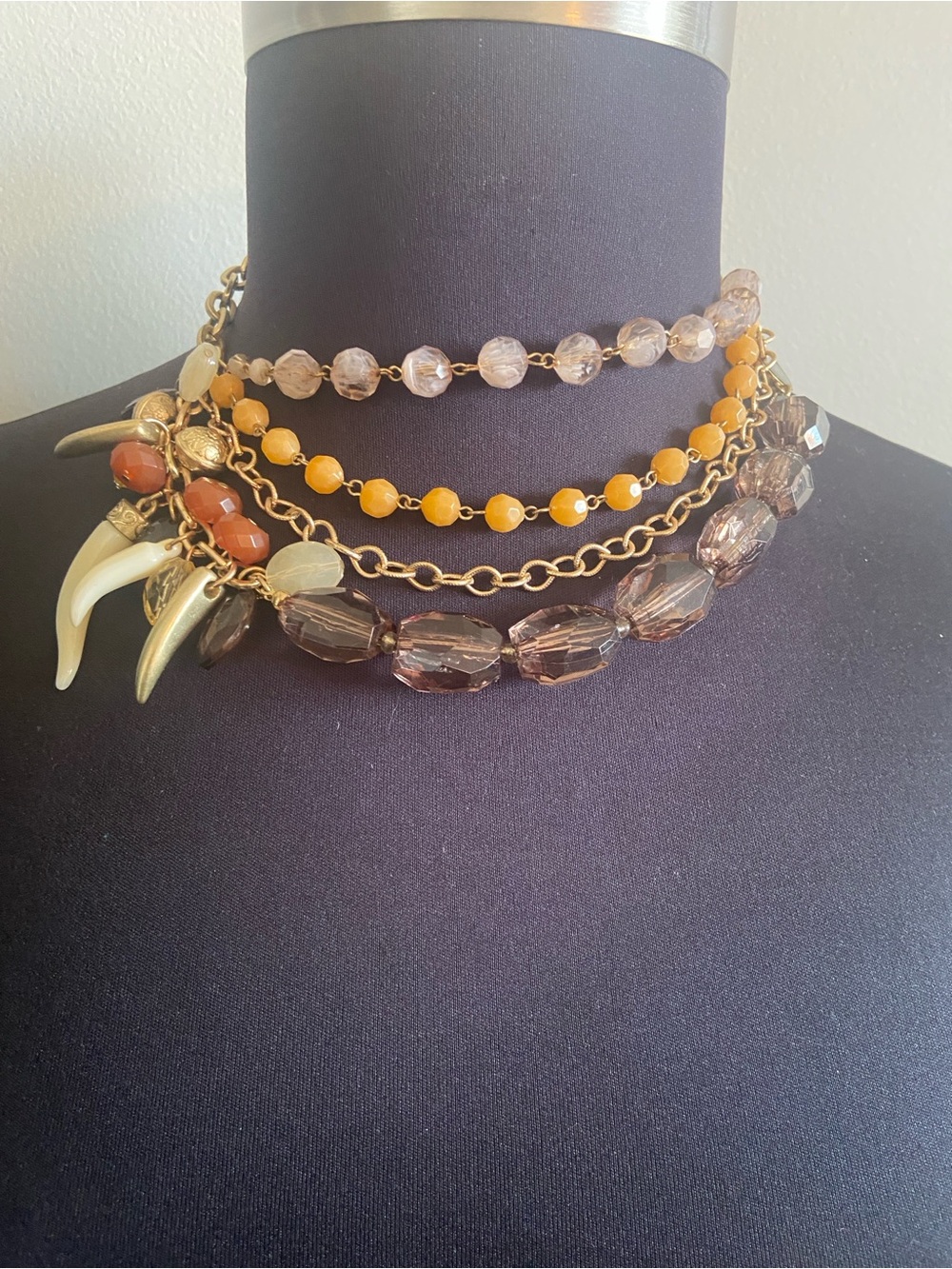 Multi-Strand Beaded Statement Necklace in Amber and Brown - Unbranded